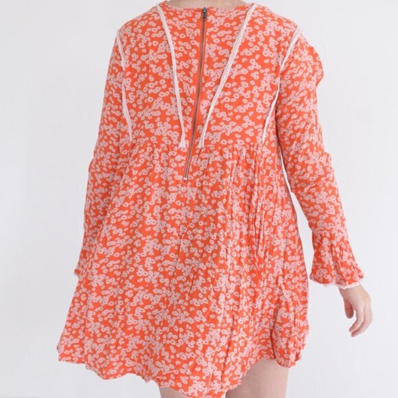 Free People  Like You Best Orange Flora Long Sleeve Mini Dress M - Picture 3 of 12